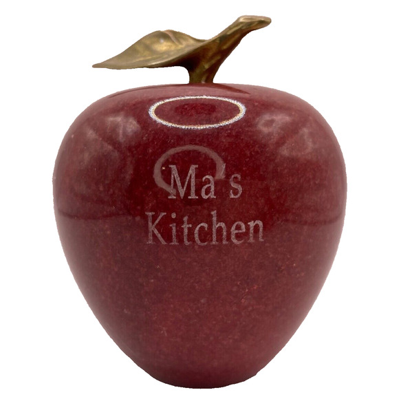 Marble Red Apple Paperweight Alabaster With Brass Stem -Pre-owned